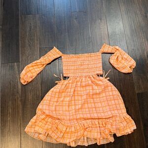 Orange Plaid Off-Shoulder Kids Dress